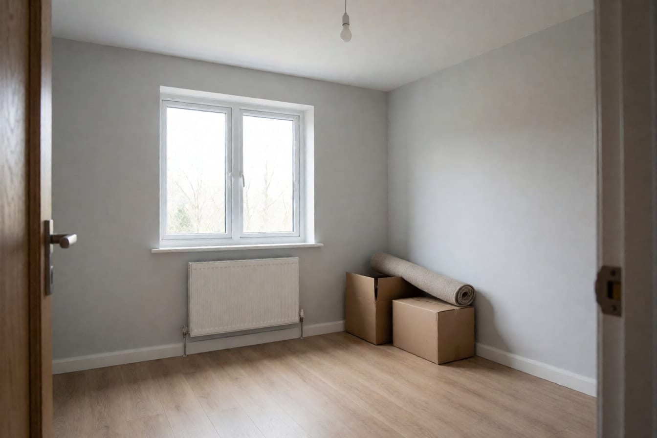 Habitación vacía recién estrenada con paredes gris claro, suelo laminado de roble, radiador bajo la ventana y dos cajas de mudanza