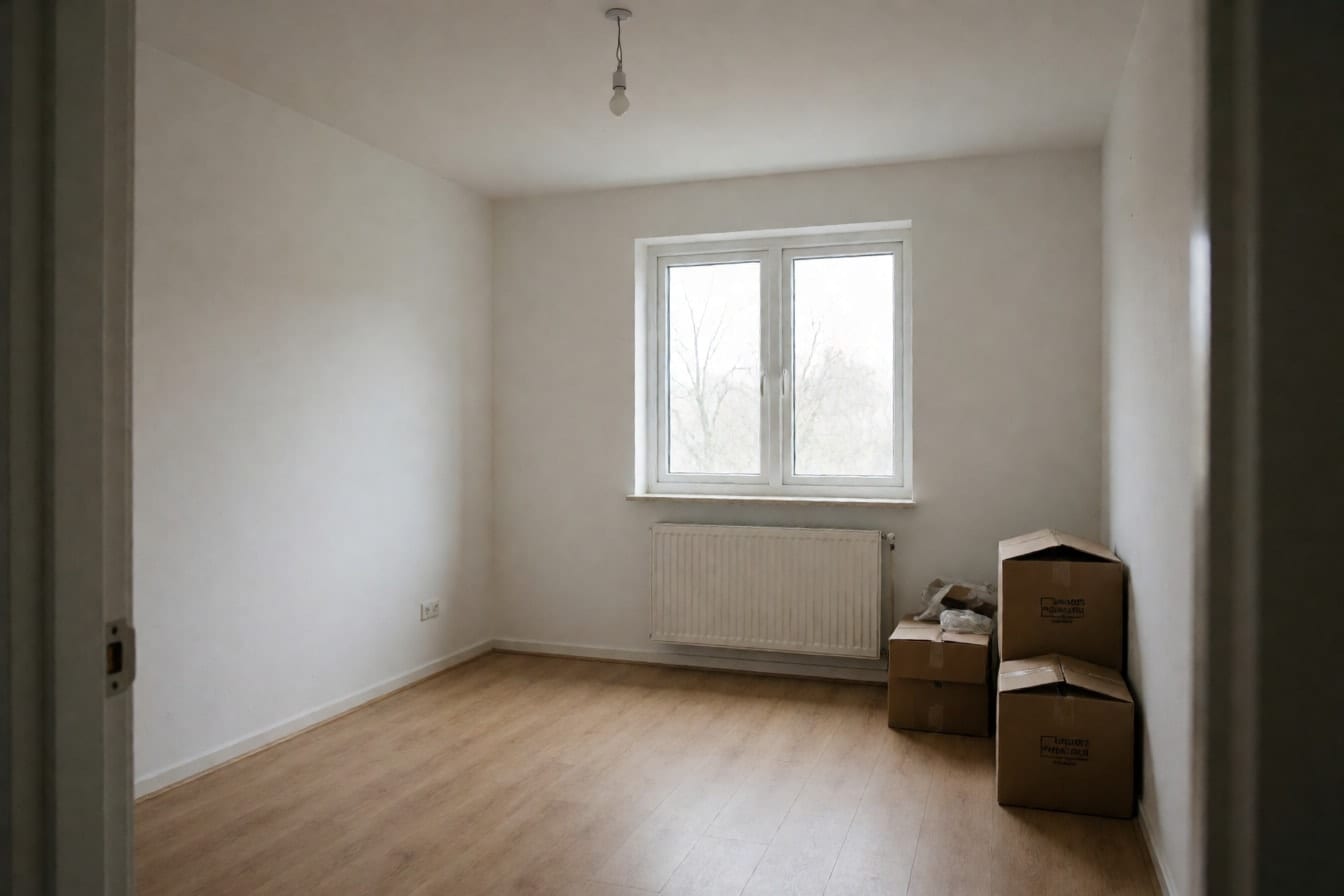 Tomt værelse med hvide vægge, lyst laminatgulv, vindue uden gardin over en radiator og flyttekasser i hjørnet