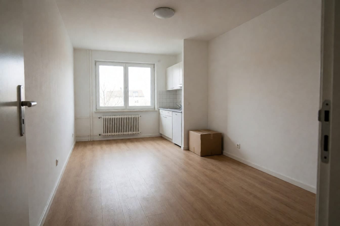 An empty studio apartment with vinyl floors, white walls, a kitchenette and one moving box