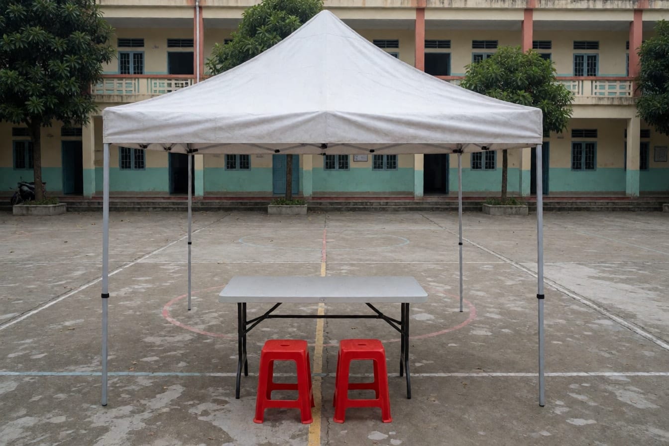 Lều vải trắng trống trên sân trường với bàn gấp mặt nhựa trắng và hai ghế nhựa đỏ, phía sau là dãy lớp học