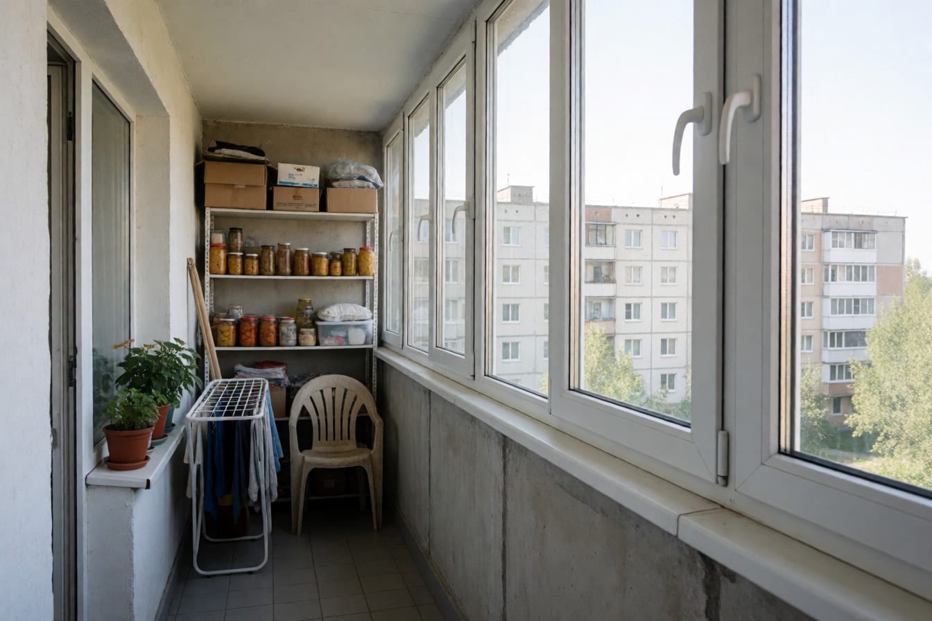 Balcon închis cu termopan, folosit ca depozit, cu rafturi pline de borcane, cutii de carton și un uscător de rufe