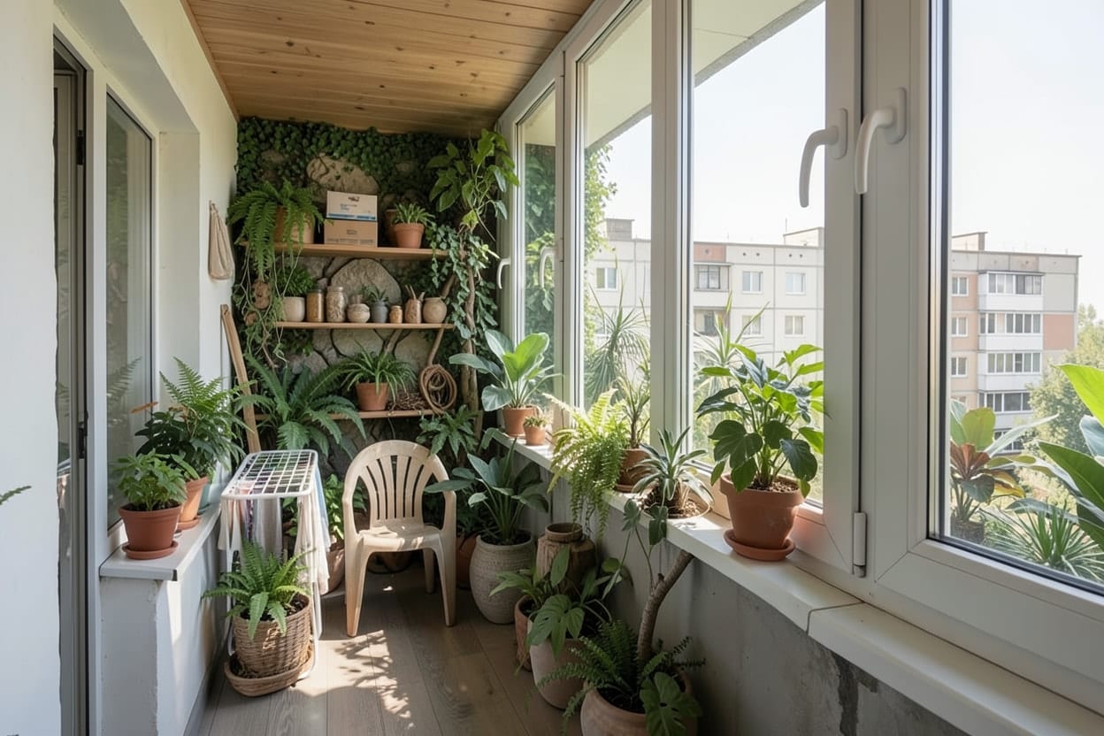 Același balcon închis transformat într-un colț verde de stat, cu plante, un fotoliu mic și lumină naturală