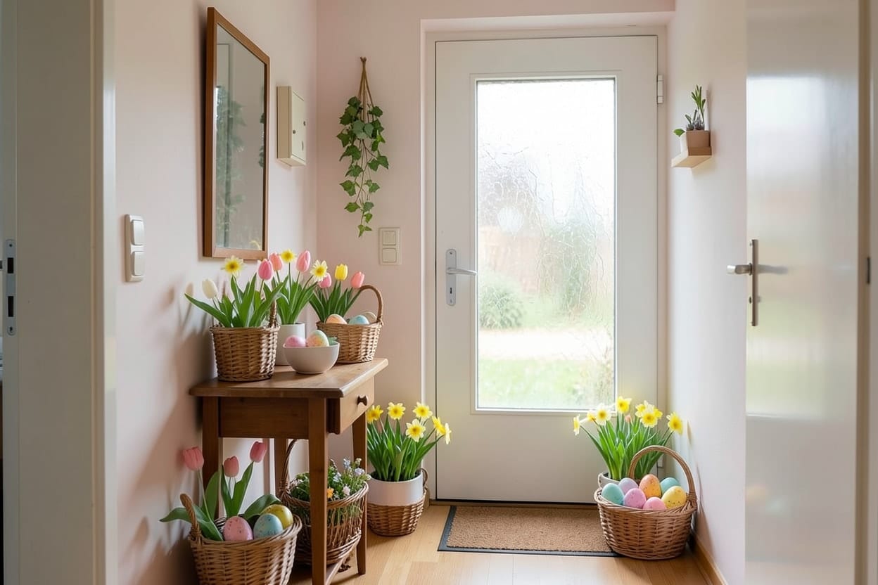 Derselbe Eingang mit Osterkranz, bunten Eiern in einer Schale und Tulpen auf dem Tisch