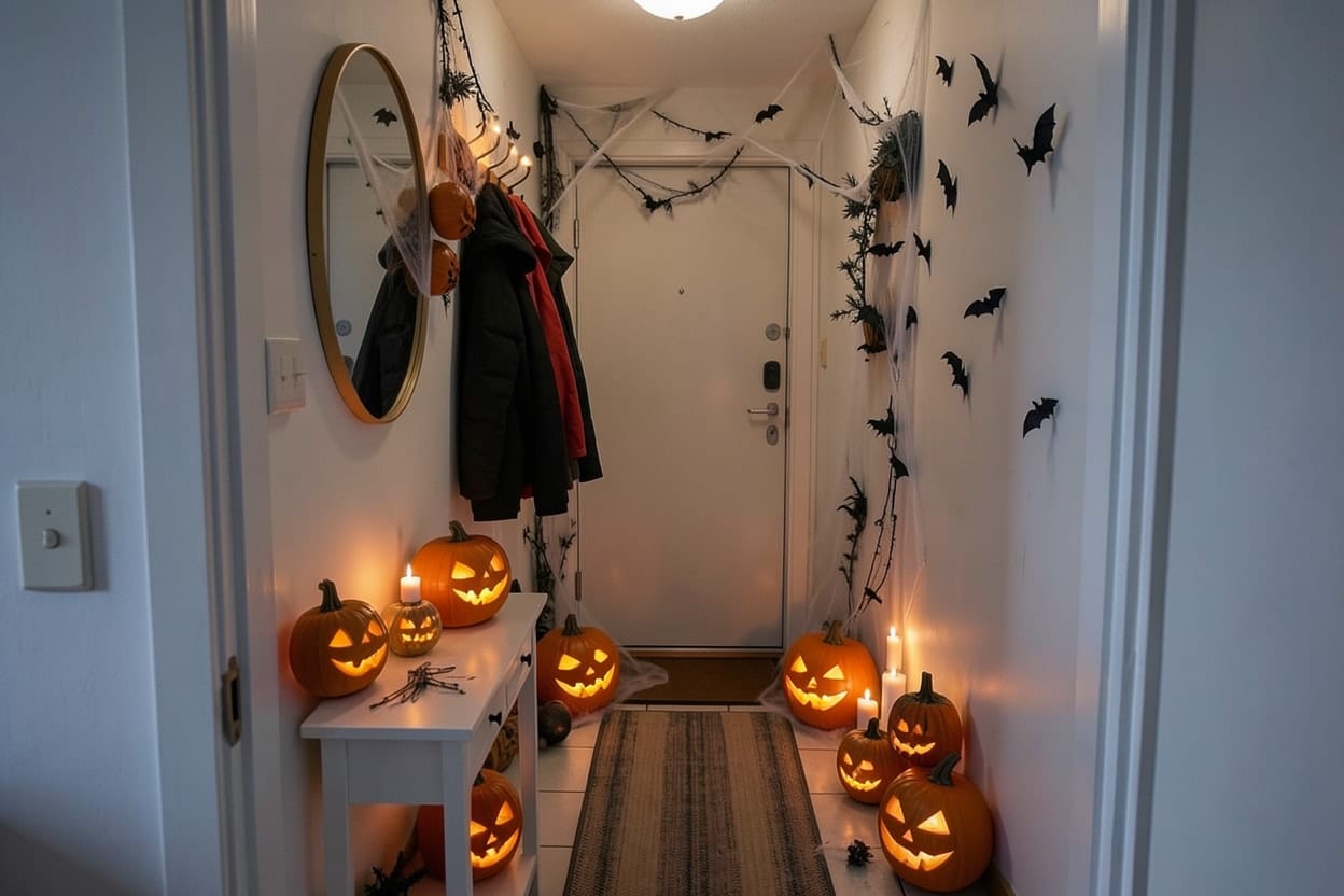 The same entryway with pumpkins on the console, candle lanterns and black bats above the round mirror