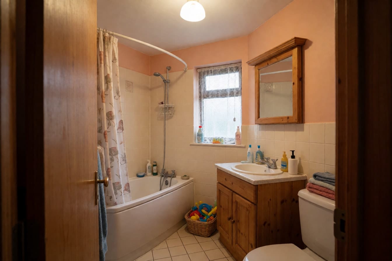 Baño familiar anticuado con mueble de pino, bañera con cortina estampada, azulejo crema y paredes color melocotón