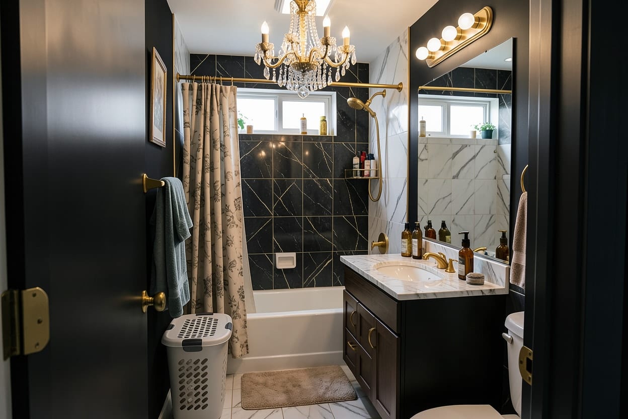 El mismo baño familiar renovado en negro y dorado con piedra oscura, grifería de latón y espejo con luz trasera