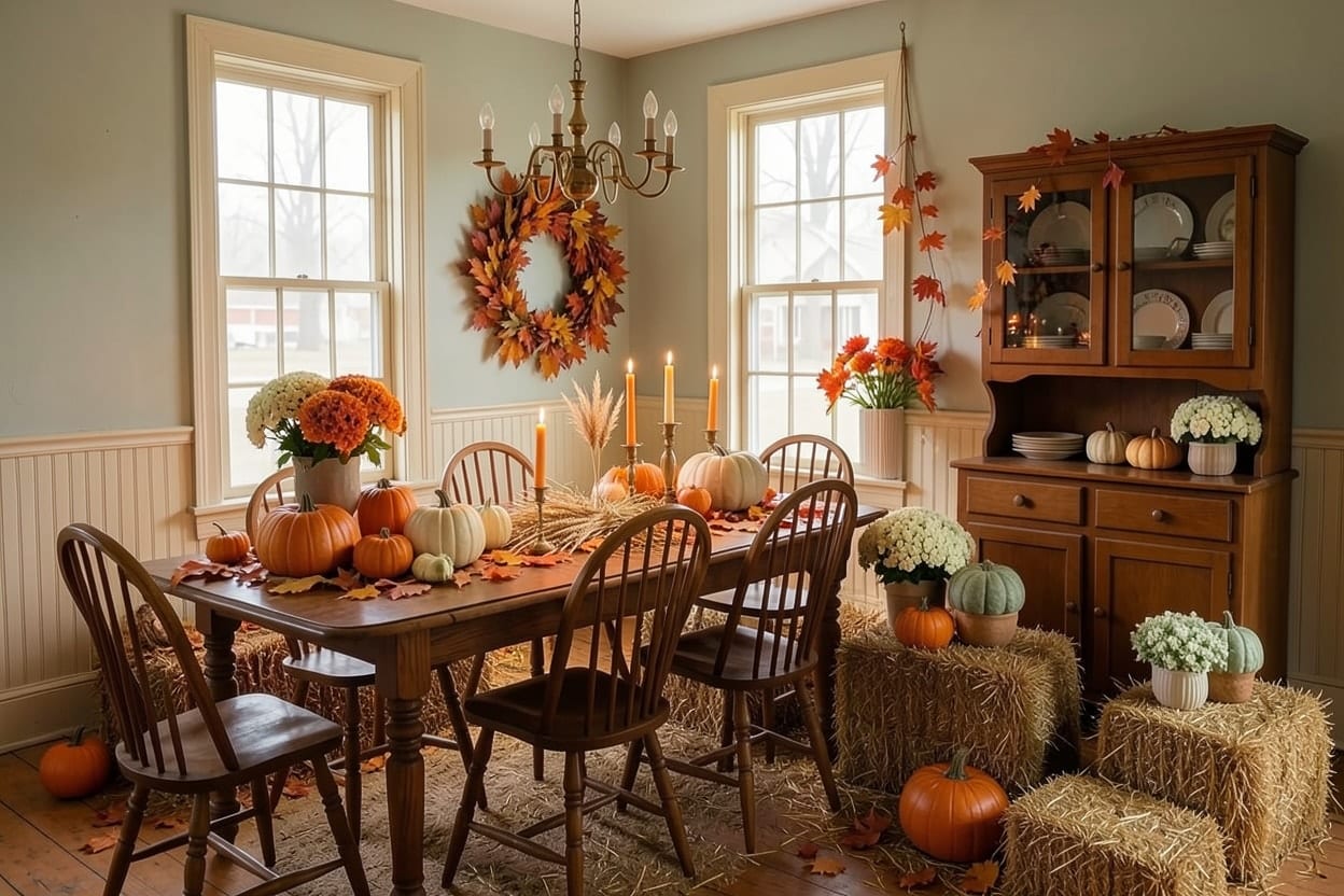 A plain family dining room in the American Midwest, decorated for an autumn harvest dinner.