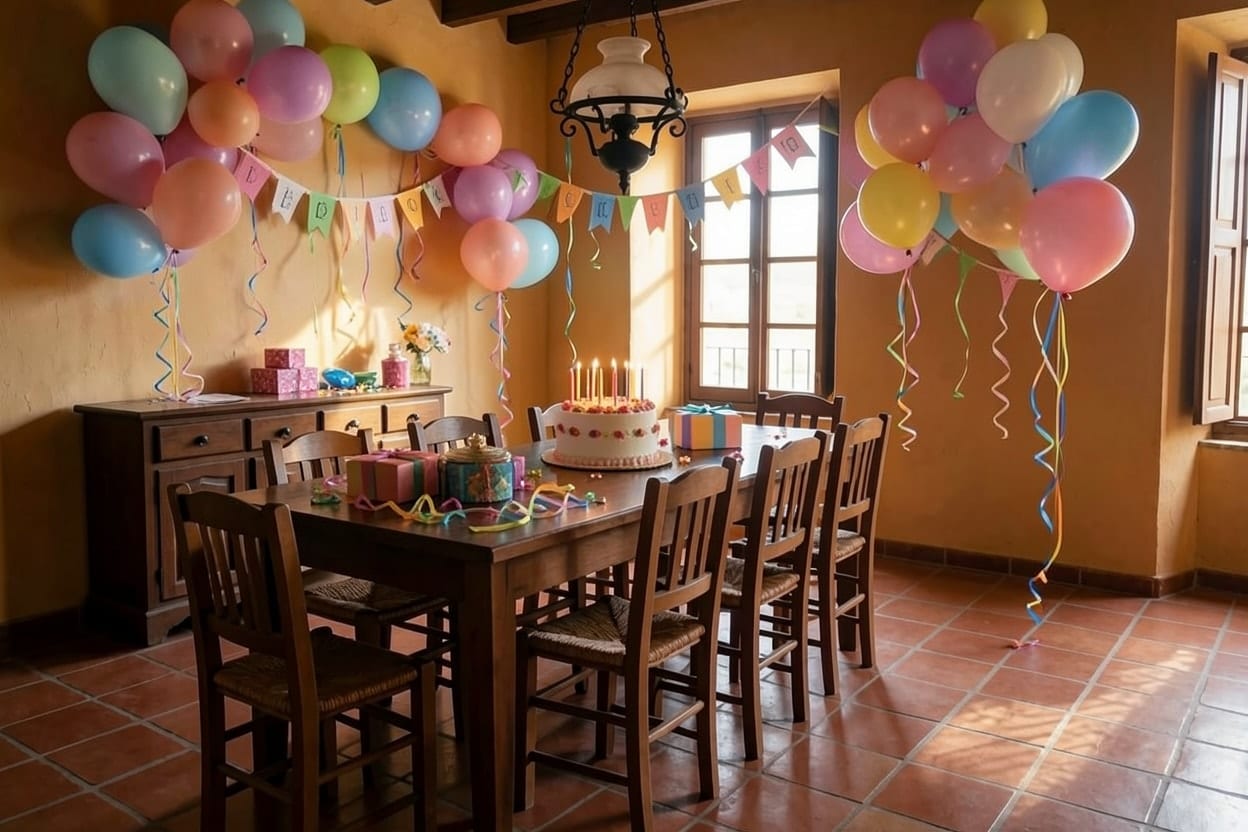 A family dining room with a long wooden table and a terracotta tile floor, decorated for a birthday party.