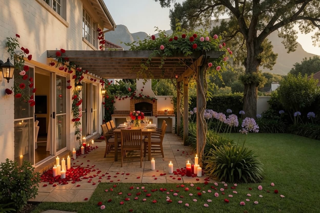 The covered patio of a large family house in Cape Town on a summer evening, decorated with the Valentine's Day theme.
