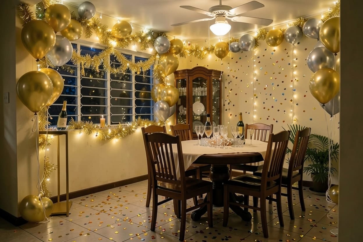 The dining room of a family house, with its round table, decorated for New Year's Eve.