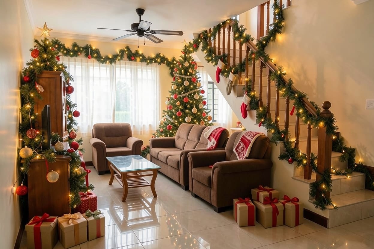 A family living room with a tiled floor and a wooden staircase, decorated for Christmas.