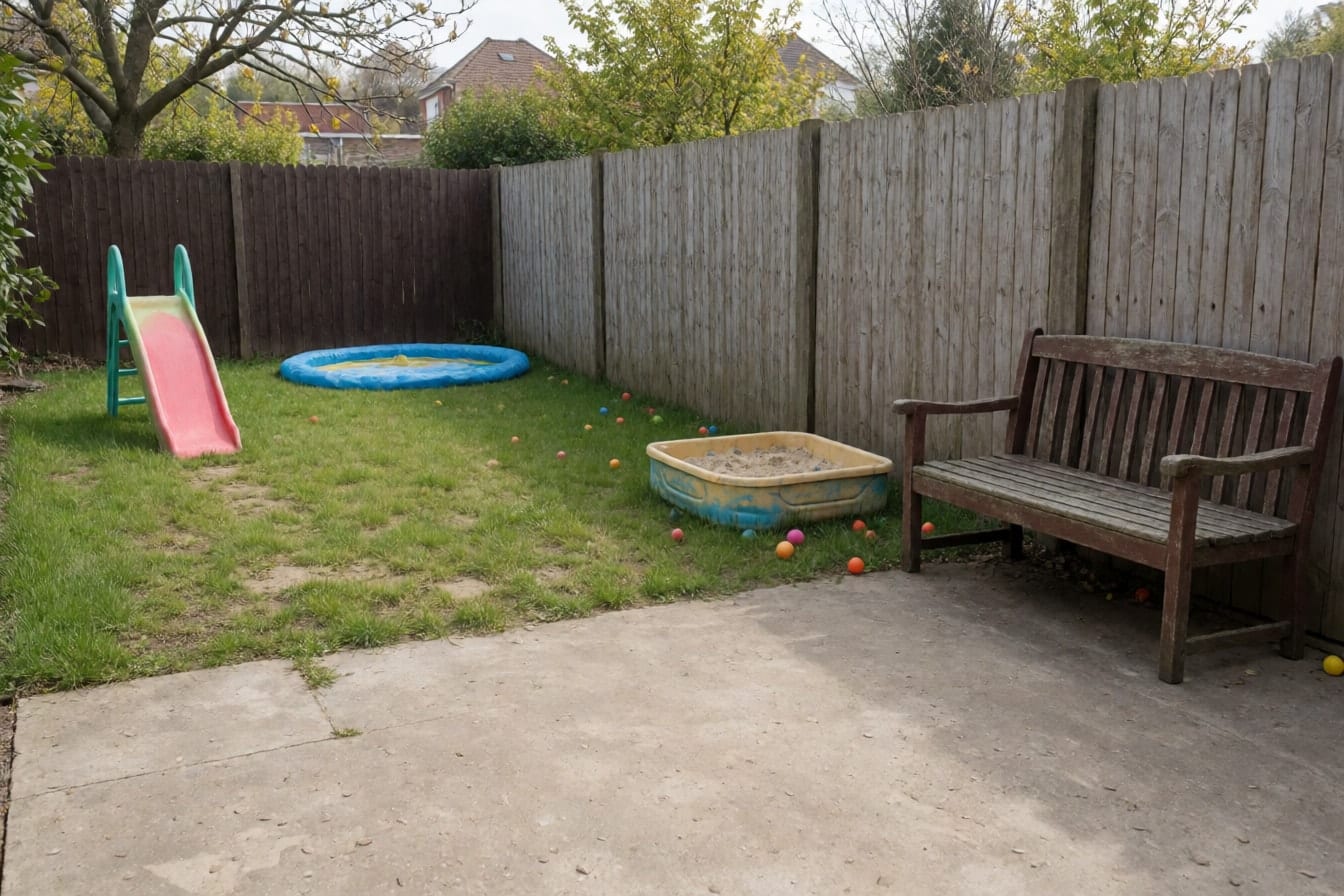 Giardino di famiglia con prato consumato, uno scivolo di plastica, una piscinetta sgonfia, una sabbiera scolorita e palloni sparsi