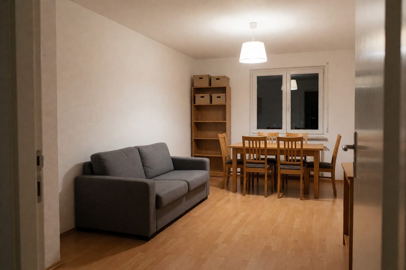 Salón comedor familiar con sofá gris, mesa de madera con seis sillas y luz cálida de tarde