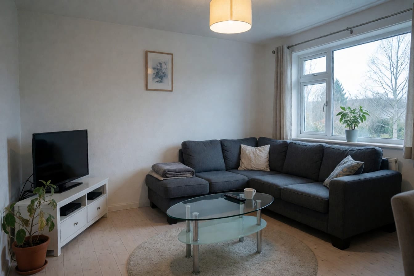 A plain family living room with a dark gray corner sofa, a glass coffee table, a white TV bench with cables and a tired houseplant