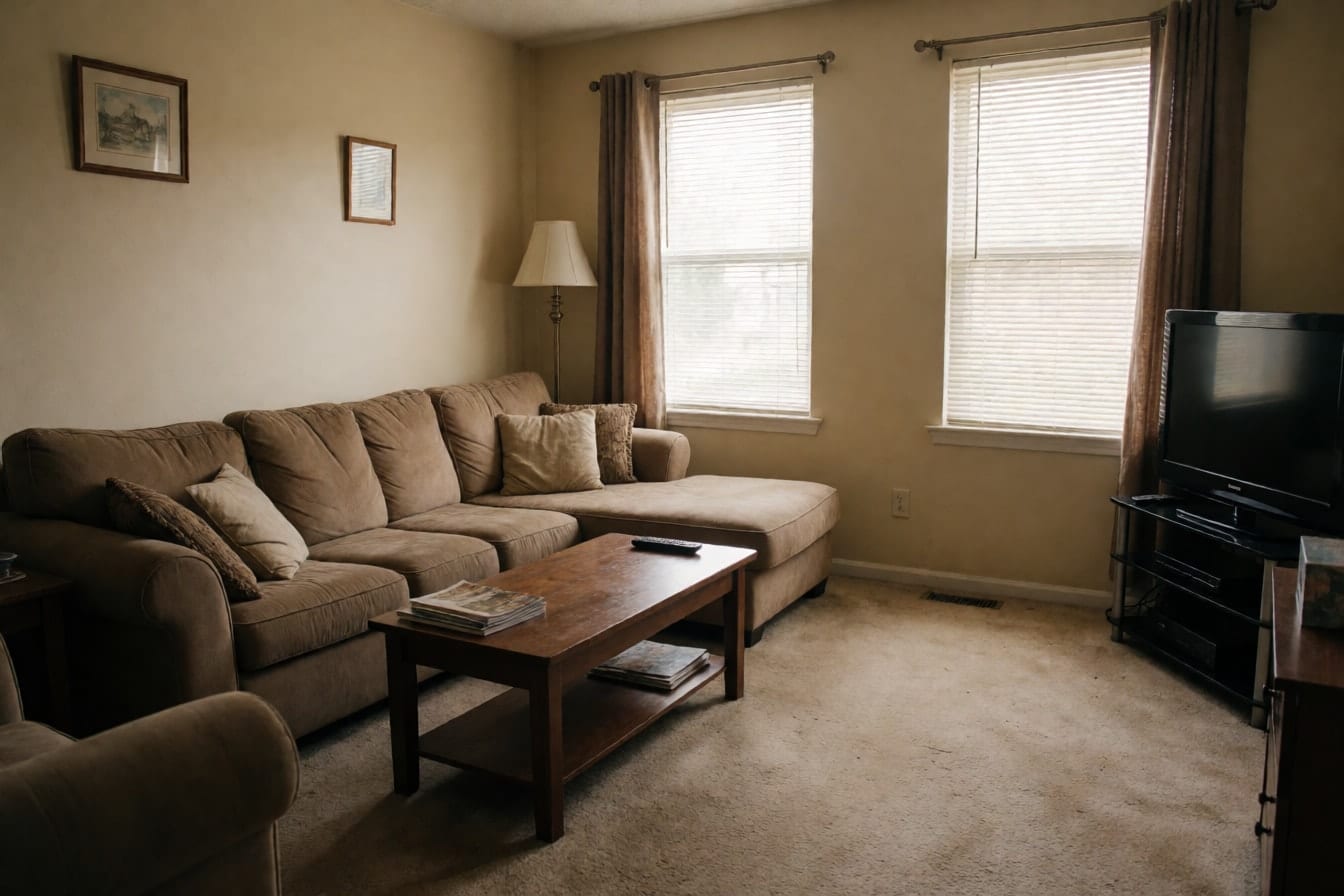 En vanlig familiestue med stor beige hjørnesofa, mørkt salongbord, slitt vegg-til-vegg-teppe og brune gardiner