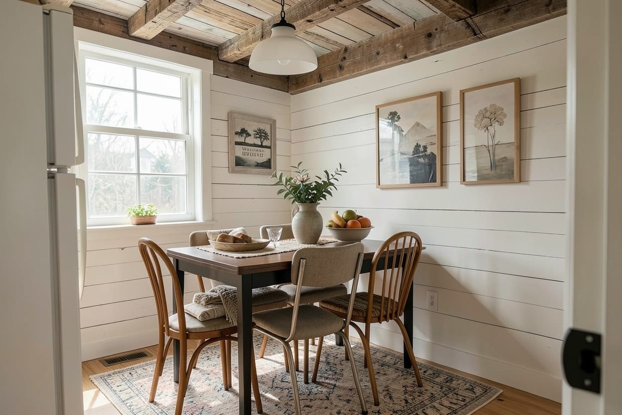 The same dining corner in farmhouse style with a table runner, a lantern pendant, open shelves and plants