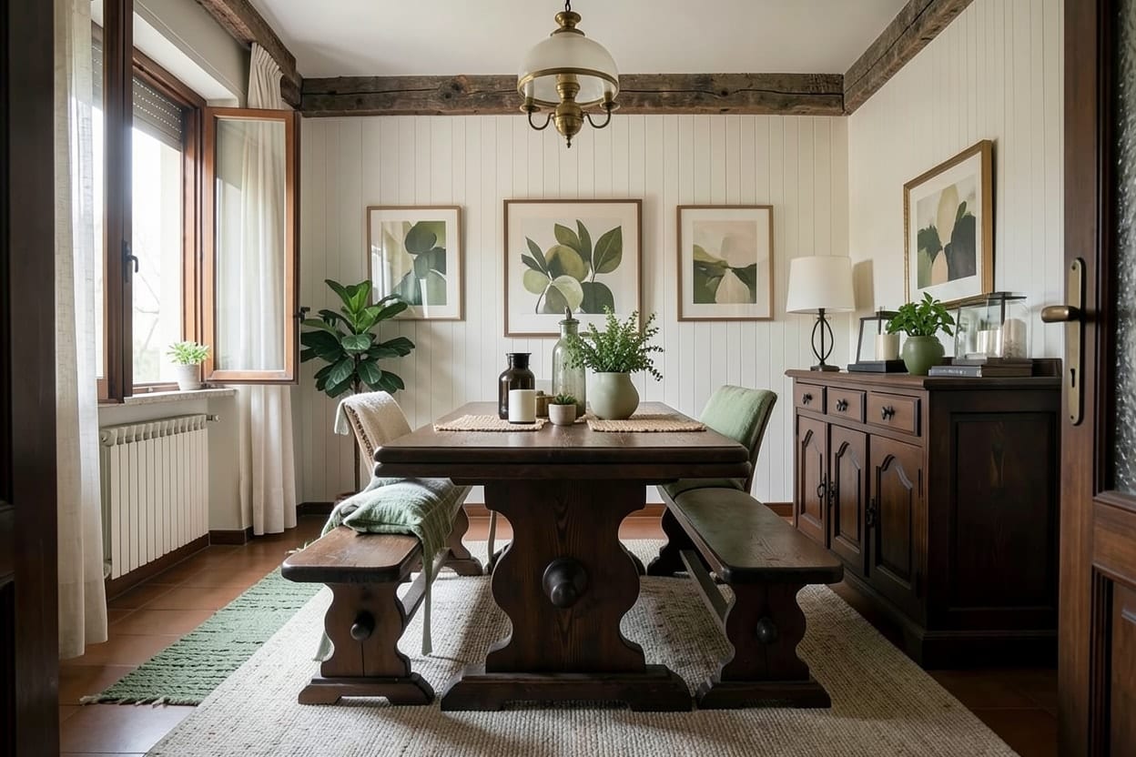 Dasselbe Esszimmer mit Holztisch und Bänken im Landhausstil, aufgefrischt in hellen, frischen Grüntönen