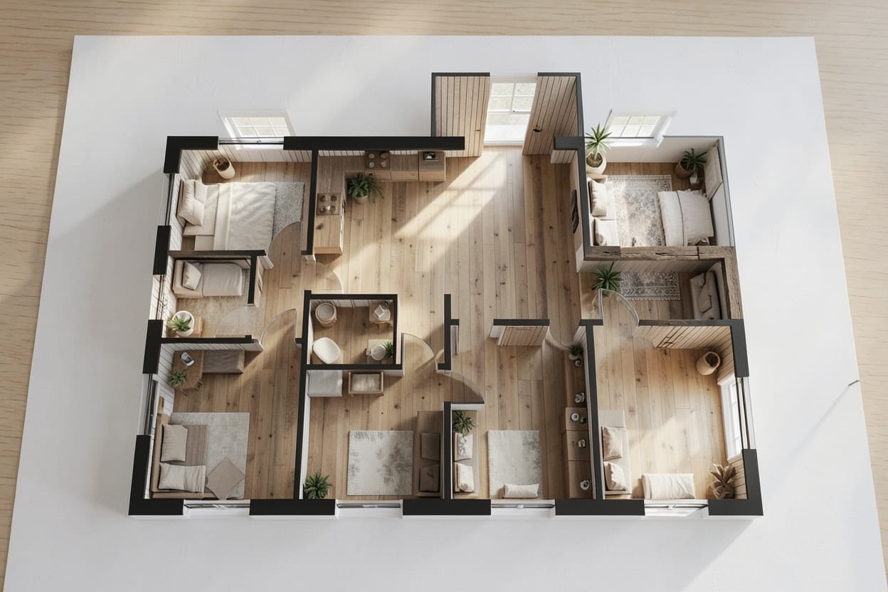 A family house plan on one level, turned into a furnished home in the Farmhouse style.