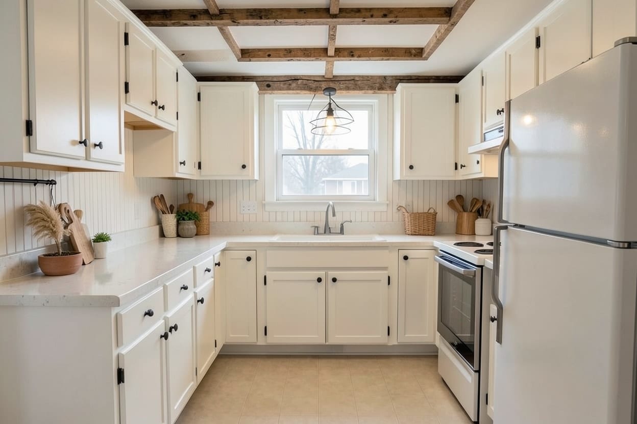 A 1990s oak kitchen, restyled as Farmhouse with Renovate and Warm whites, in the same layout.