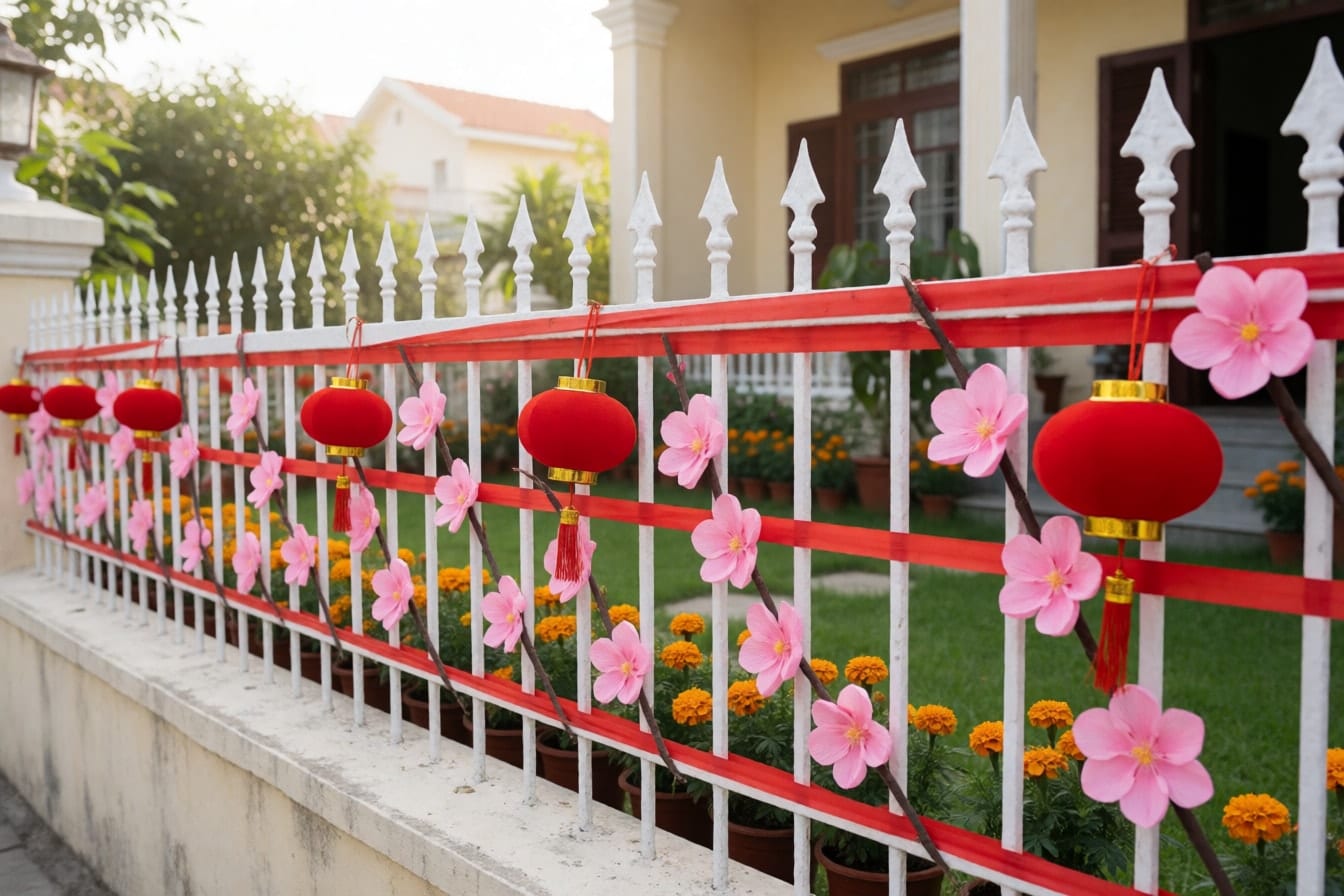Hàng rào sắt sơn trắng đan ruy băng đỏ, gắn hoa đào giấy nhún màu hồng, đèn lồng đỏ nhỏ buộc trên các trụ