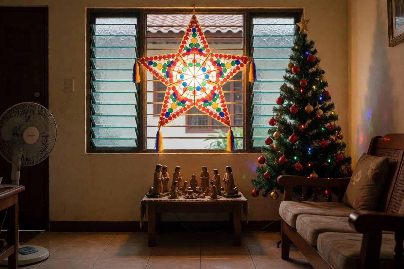 Sala ng townhouse na may nakasinding capiz na parol sa bintanang jalousie, belen sa mababang mesa at Christmas tree na may makukulay na ilaw