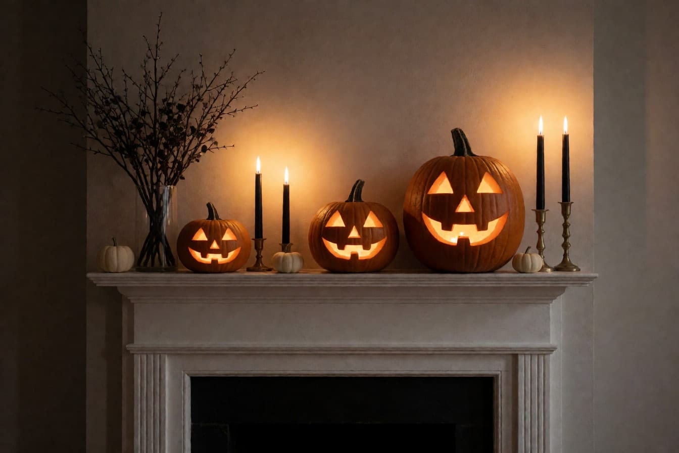 A white fireplace mantel with three glowing jack-o'-lanterns, black taper candles and dried branches