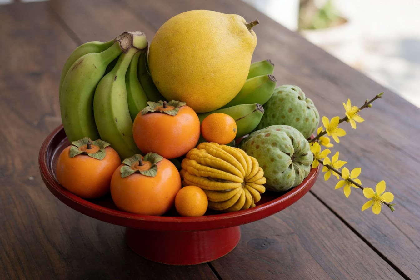 Mâm ngũ quả trên đĩa chân cao sơn mài đỏ: nải chuối xanh đỡ quả bưởi, hồng, quất, phật thủ và mãng cầu, bên cạnh nhánh mai vàng