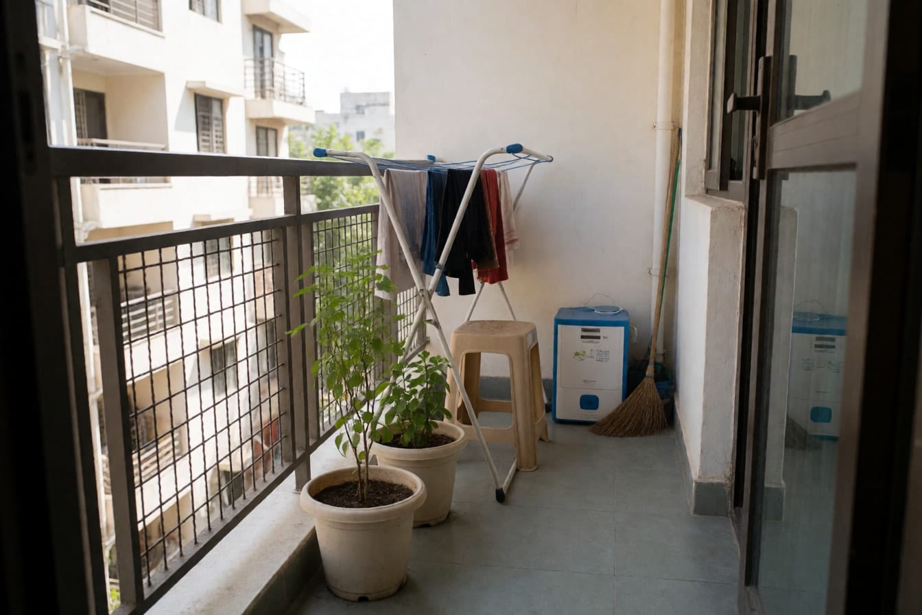 फ़्लैट की संकरी बालकनी में कपड़े सुखाने का स्टैंड, प्लास्टिक का स्टूल और तुलसी व मनी प्लांट के गमले
