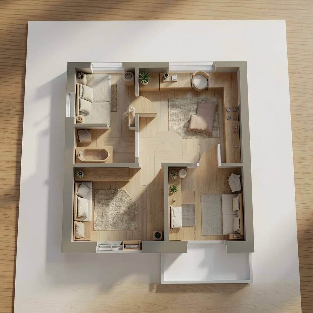 Vedere 3D de sus a aceluiași apartament, mobilat în stil japandi, cu living și bucătărie deschisă, dormitor, baie și balcon