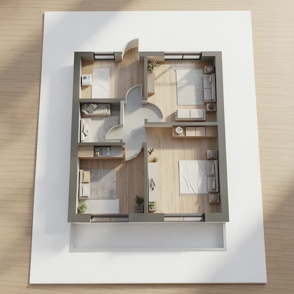 Vedere 3D de sus a aceluiași apartament cu două camere, mobilat în stil modern, cu living, dormitor, bucătărie, baie și balcon
