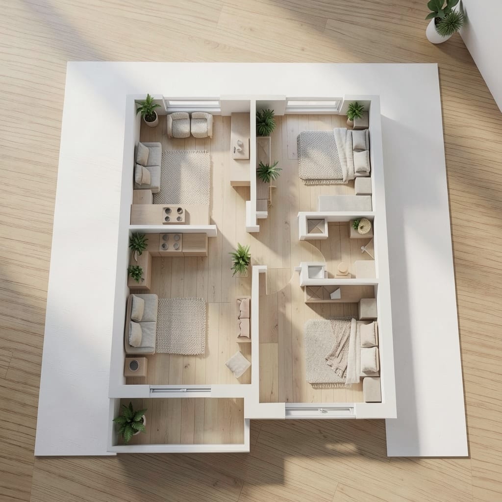 The same apartment shown from above as a furnished 3D home in Scandinavian style