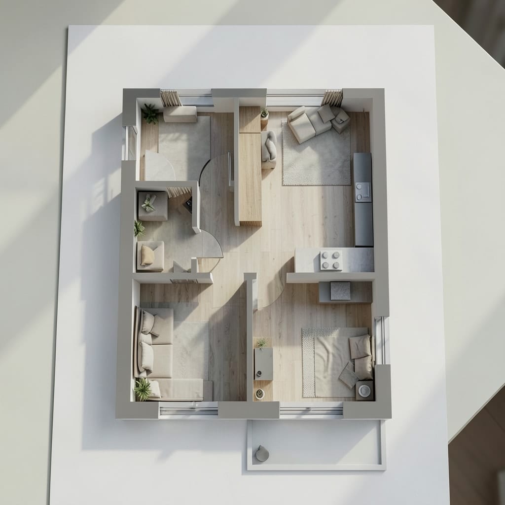 El mismo plano convertido en una vivienda amueblada en estilo moderno, vista desde arriba