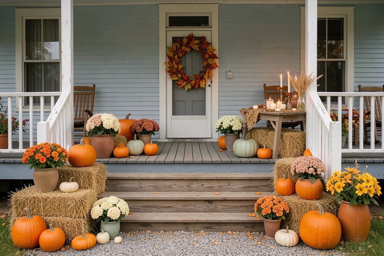 The same farmhouse porch decorated for autumn with pumpkins, gourds, potted mums, a leaf wreath and hay bales