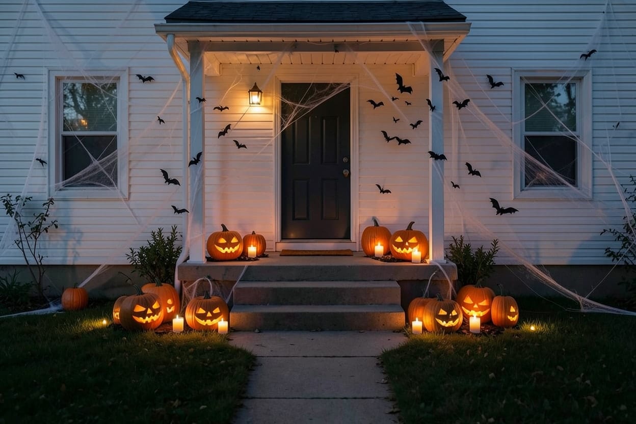 The same front porch at dusk with jack-o'-lanterns by the door, lanterns on the steps and cobwebs in the corners
