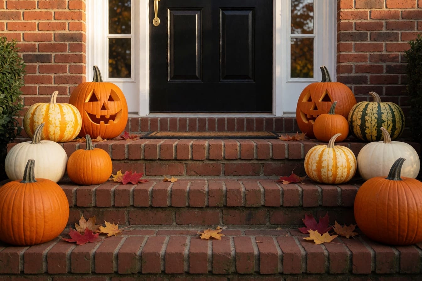 Brick front steps lined with orange, white and striped pumpkins and a few fallen maple leaves