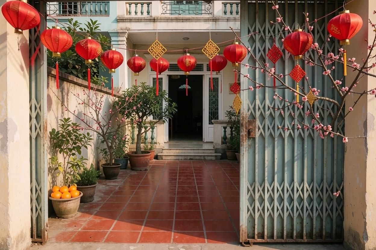 Sân trước và cổng sắt trang trí Tết với đèn lồng đỏ, hoa và chậu cây đón xuân, lối đi giữa sân vẫn để trống