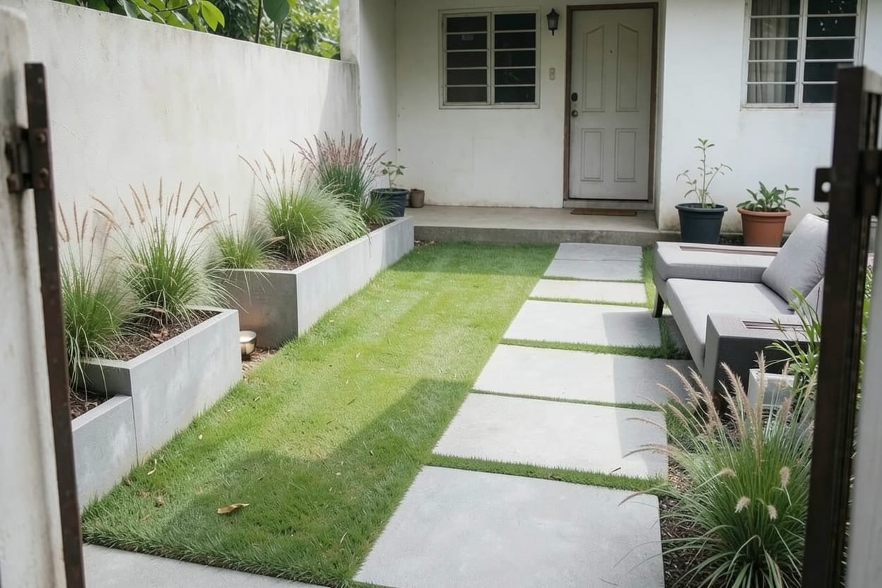Halaman depan yang sama menjadi taman minimalis modern dengan kerikil, batu pijakan, satu pohon, dan tanaman rendah