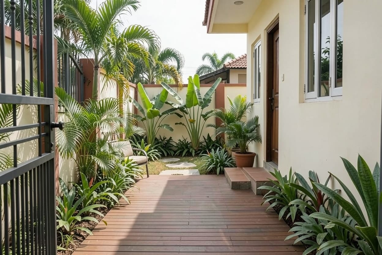 Laman depan yang sama menjadi taman tropika dengan pokok palma, daun lebar dan laluan batu
