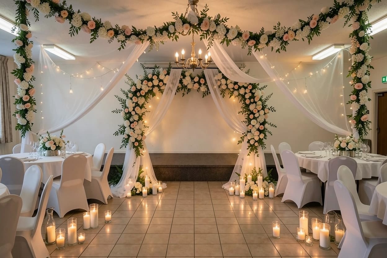Stage ng function hall na dinekorasyunan para sa wedding reception, may floral arch, manipis na drapes, kandila at fairy lights