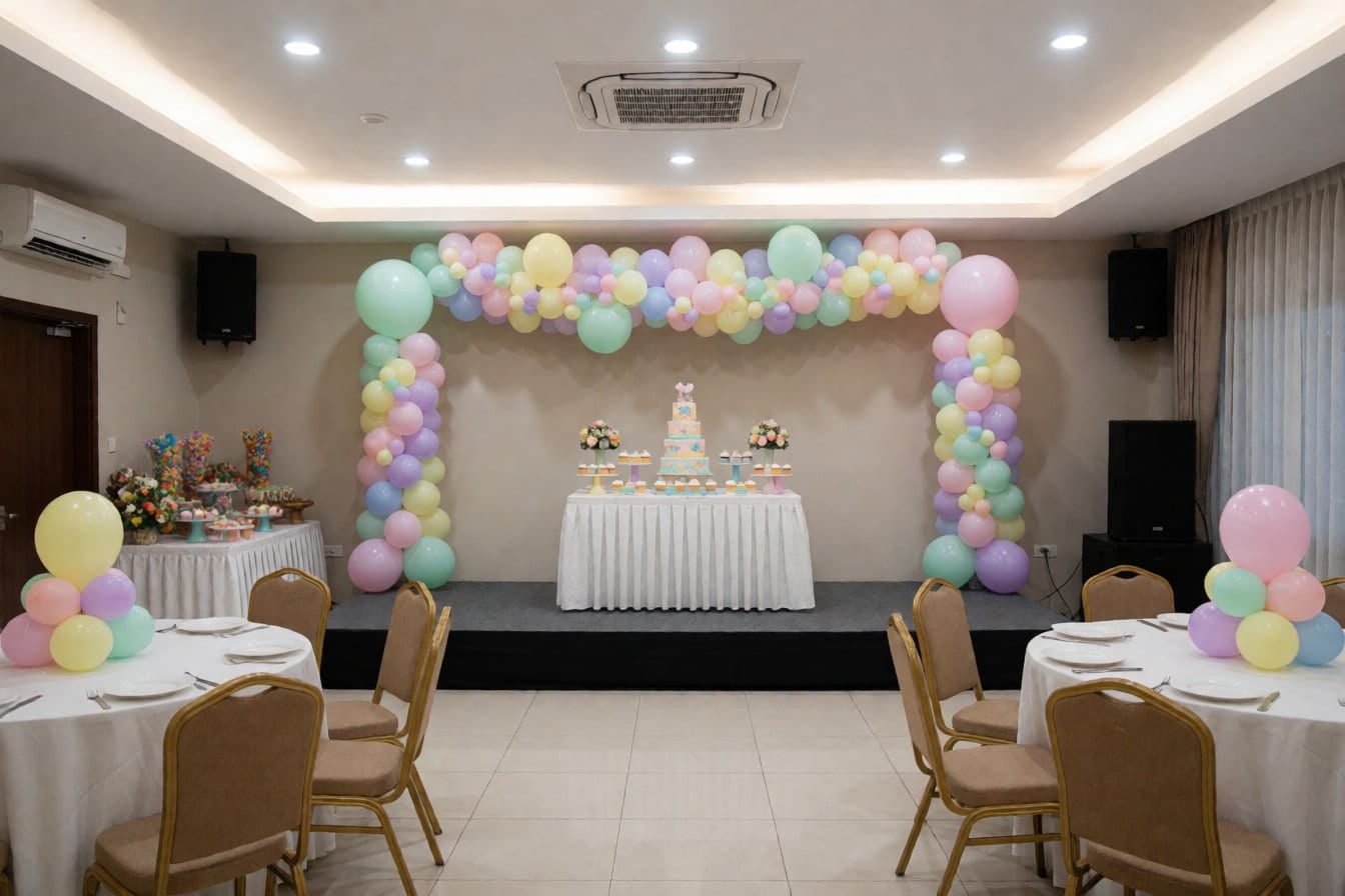 Function room na handa sa kiddie party, may pastel na balloon garland at dalawang column sa stage, dessert table, candy buffet at mga bilog na mesa