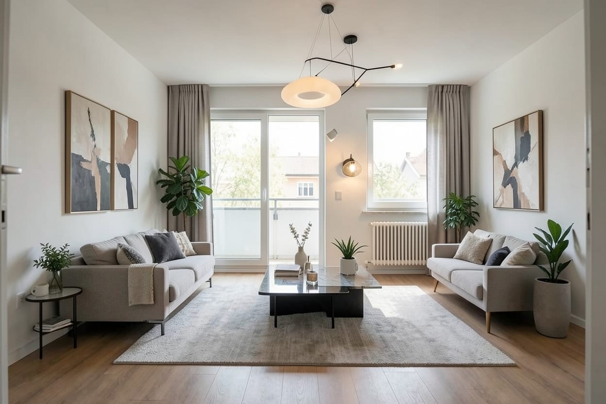 The same room furnished in a modern style with a sofa, a coffee table, a rug and lighting