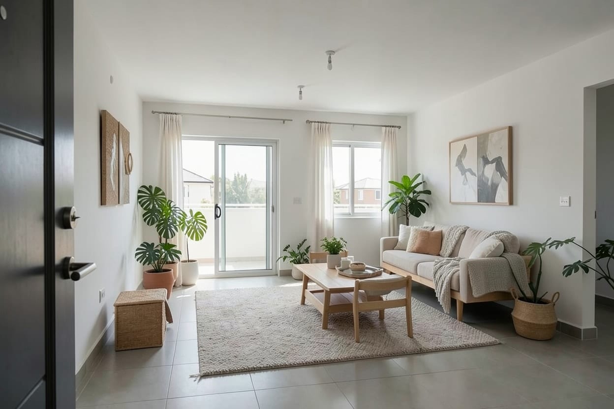La stessa zona giorno arredata in stile scandinavo, con divano, tappeto e tavolo in legno