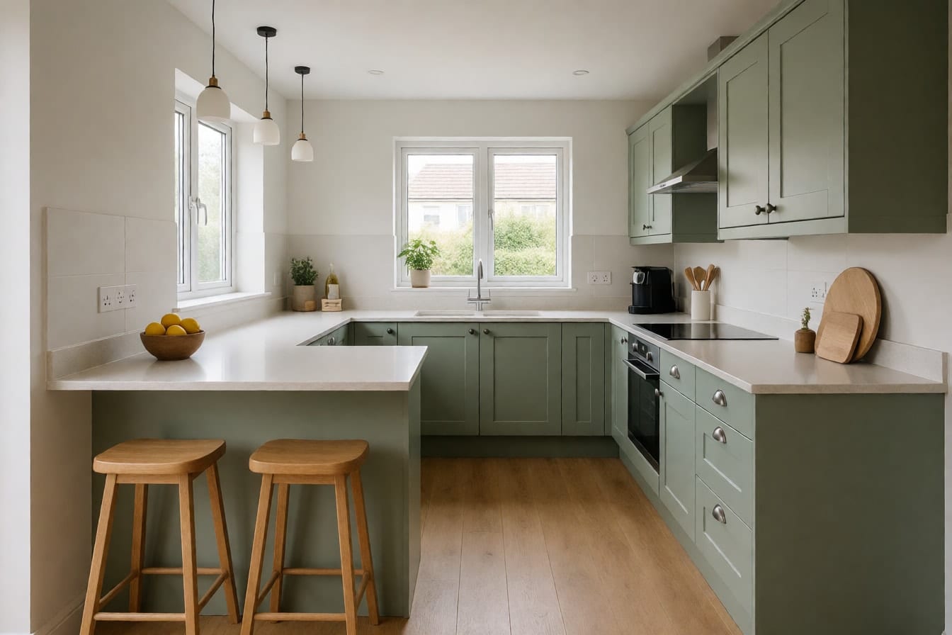G-shaped na kusina na may sage green na cabinet, quartz na counter at breakfast counter na may dalawang kahoy na stool
