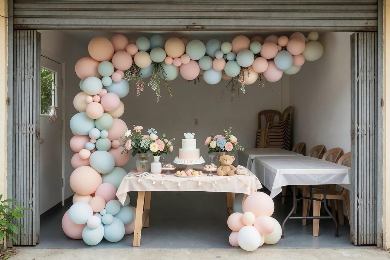 Parehong garahe na dinekorasyunan para sa baby shower, may pastel na balloon garland, mga bulaklak at dessert table