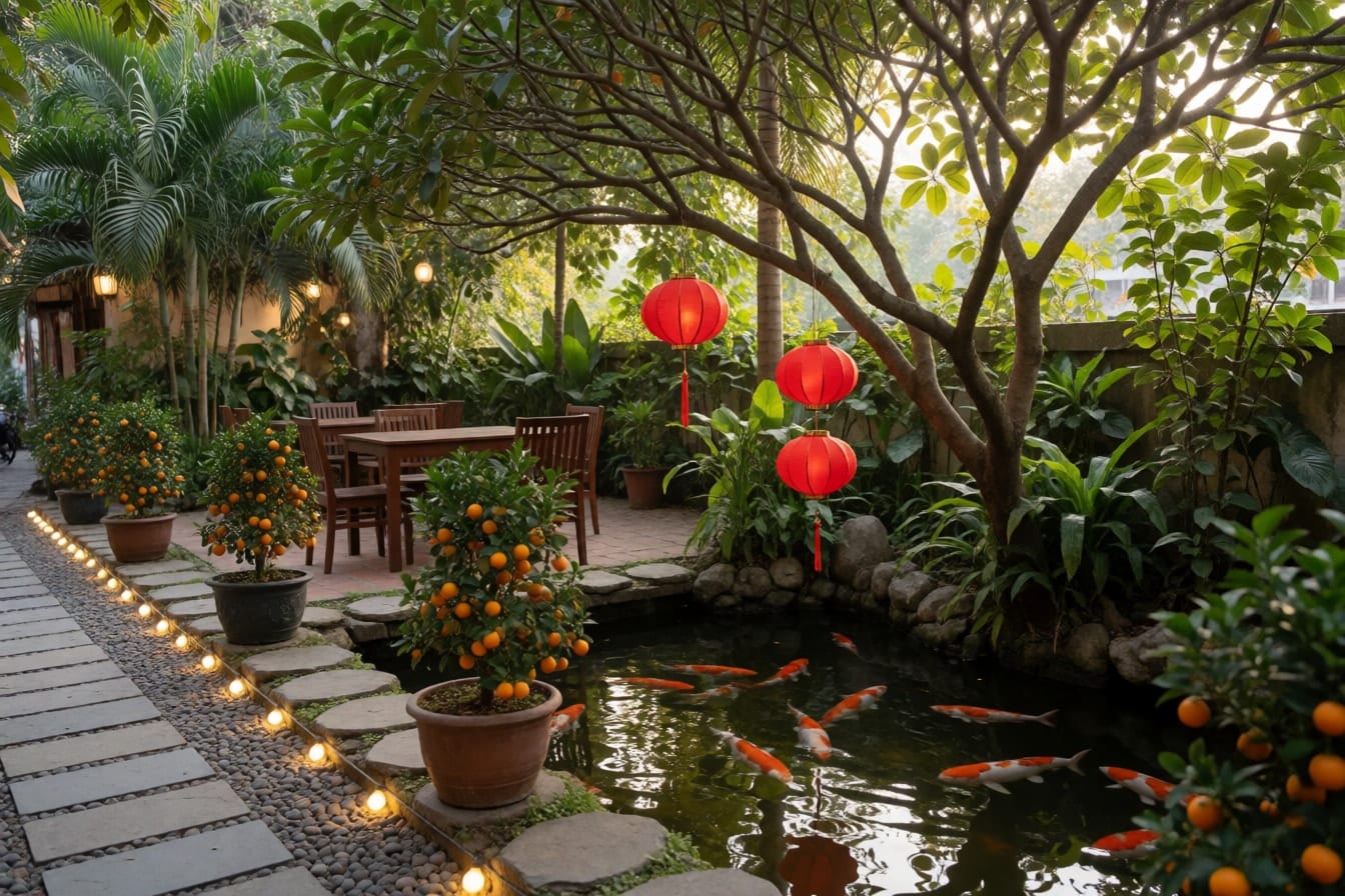 Quán cà phê sân vườn ở Sài Gòn với đèn lồng đỏ treo trên cành cây phía trên hồ cá koi, dây đèn dọc lối đá và chậu quất bên bậc đá