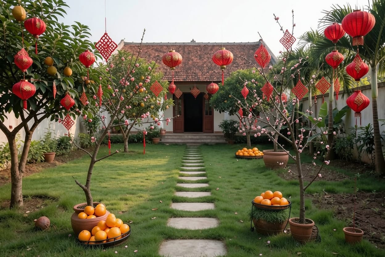 Nhà vườn trang trí Tết với đèn lồng đỏ treo trên tán cây và chậu hoa xếp dọc lối đá qua bãi cỏ