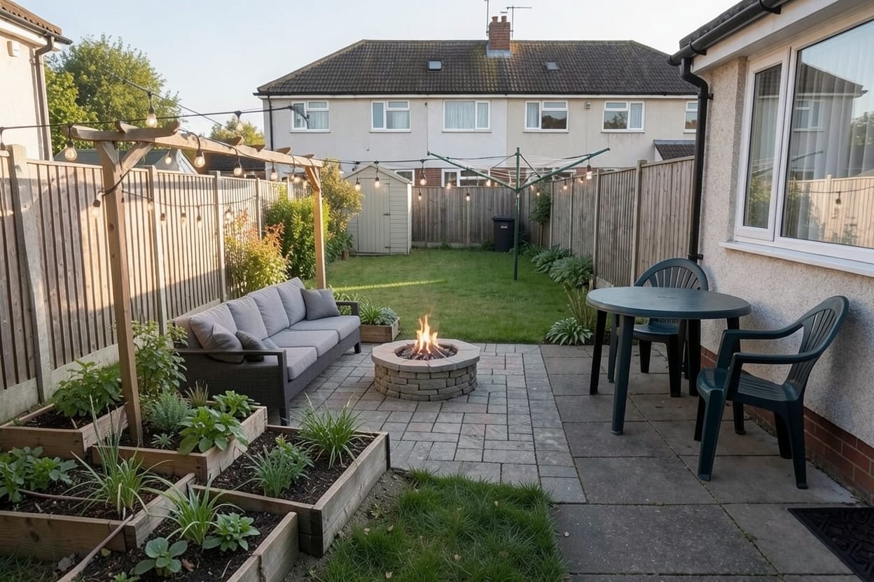 The same garden turned into an outdoor living space with a paved patio, a pergola, seating around a fire pit and planted beds