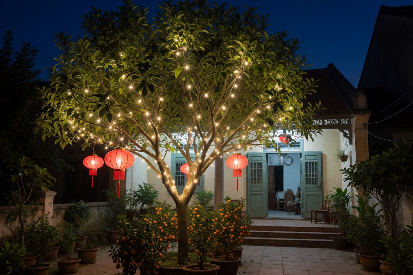 Cây trước sân về đêm quấn dây đèn trắng ấm, đèn lồng đỏ phát sáng dưới tán, chậu quất bên dưới và hiên nhà sáng đèn