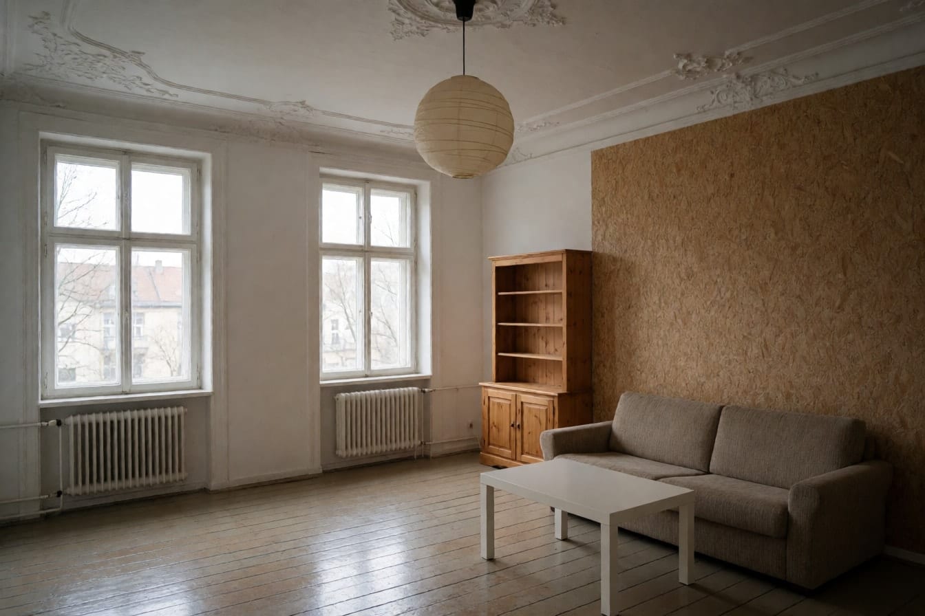 Altbauwohnzimmer mit Stuck, abgenutzten Dielen, beigem Sofa, Kiefernregal und Papierlampe an der hohen Decke