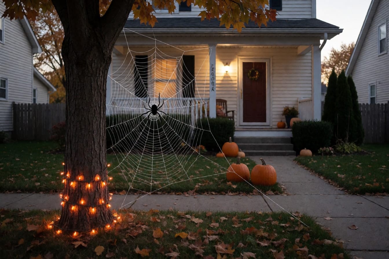 A giant white rope spider web between a tree and a porch post with a large black spider at dusk